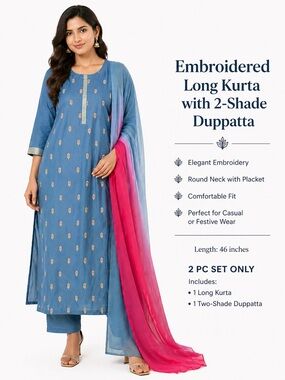 Haute Curry Blue Embroidered Long Kurta Dupatta Set Women L 14 NWOT